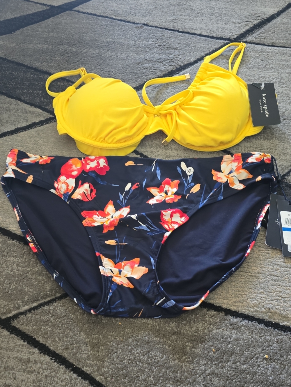 Kate Spade Yellow Bikini Top with Navy Floral Bottoms Nwt